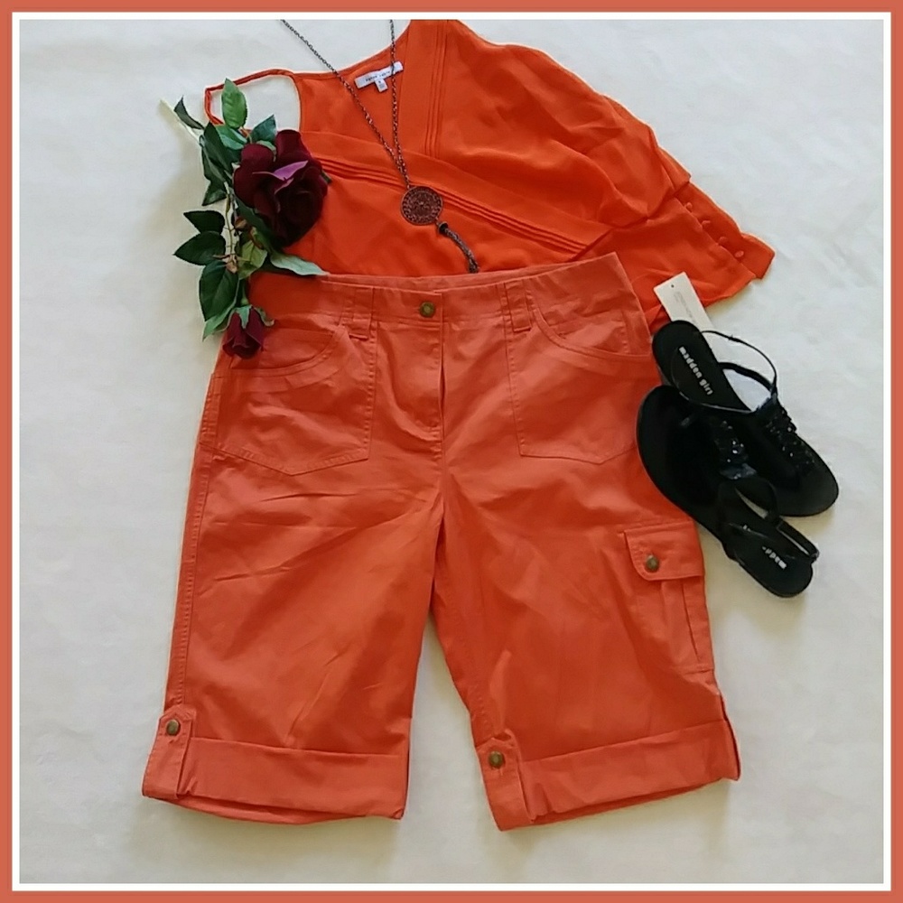 FINAL! NWT Jones NY Aztec Orange Cargo Shorts - Picture 1 of 6
